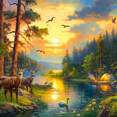 Zachód słońca nad leśną rzeką